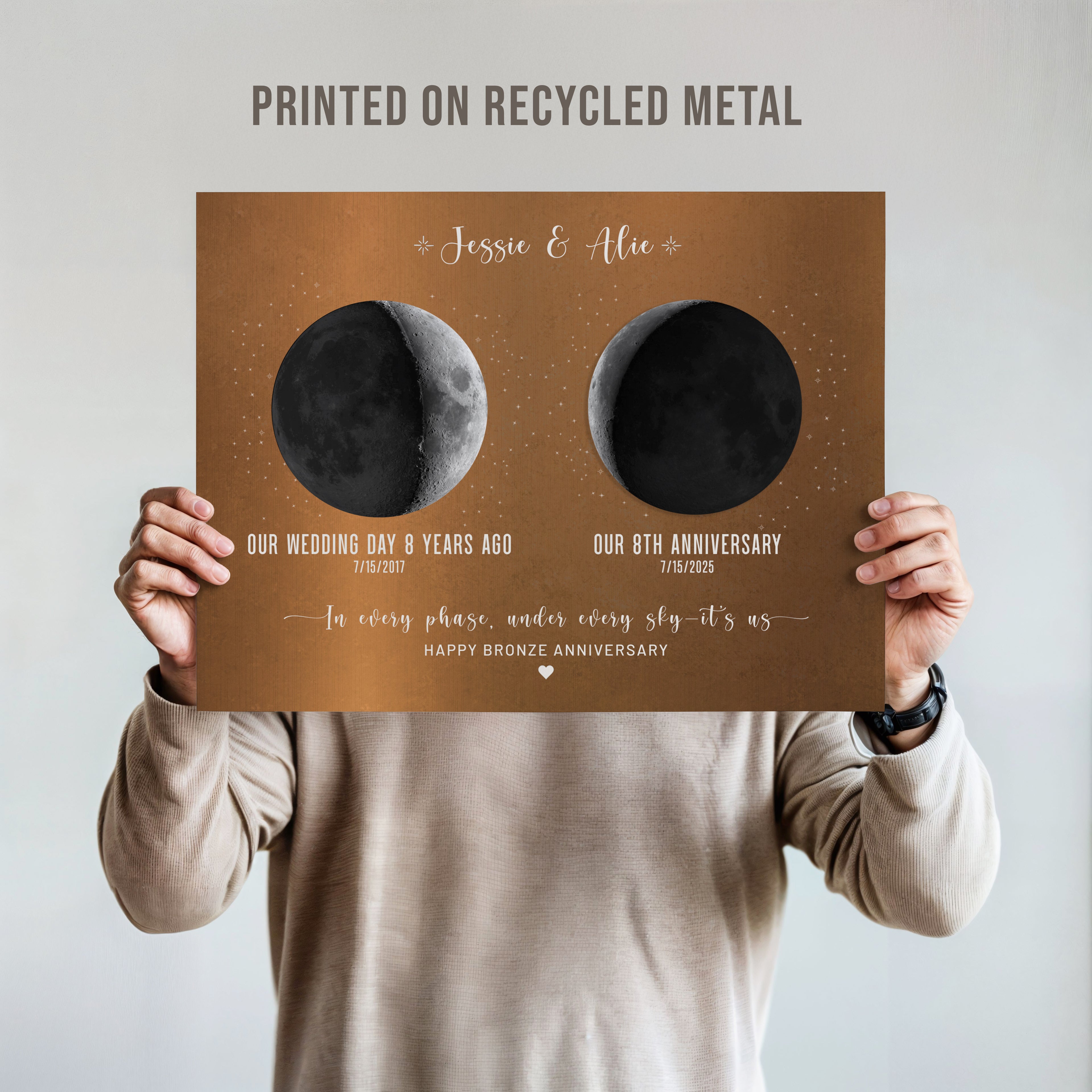 Personalized Bronze Anniversary Gift for Wife or Husband, 8th Wedding, Moon Phase Metal Print