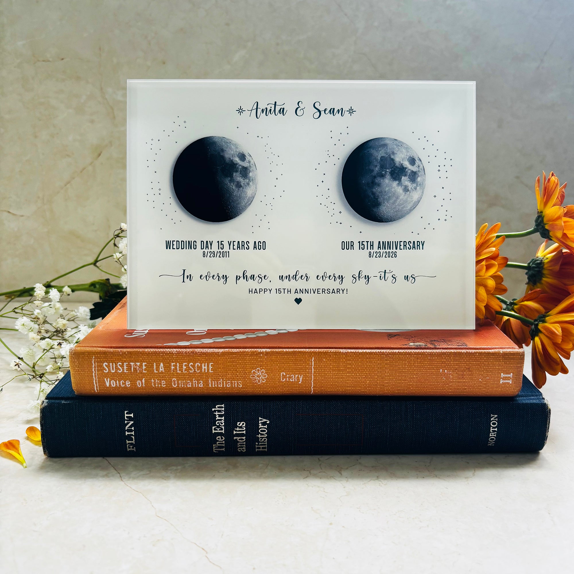 15th anniversary crystal gifts for him or her, printed on acrylic, custom moon phases