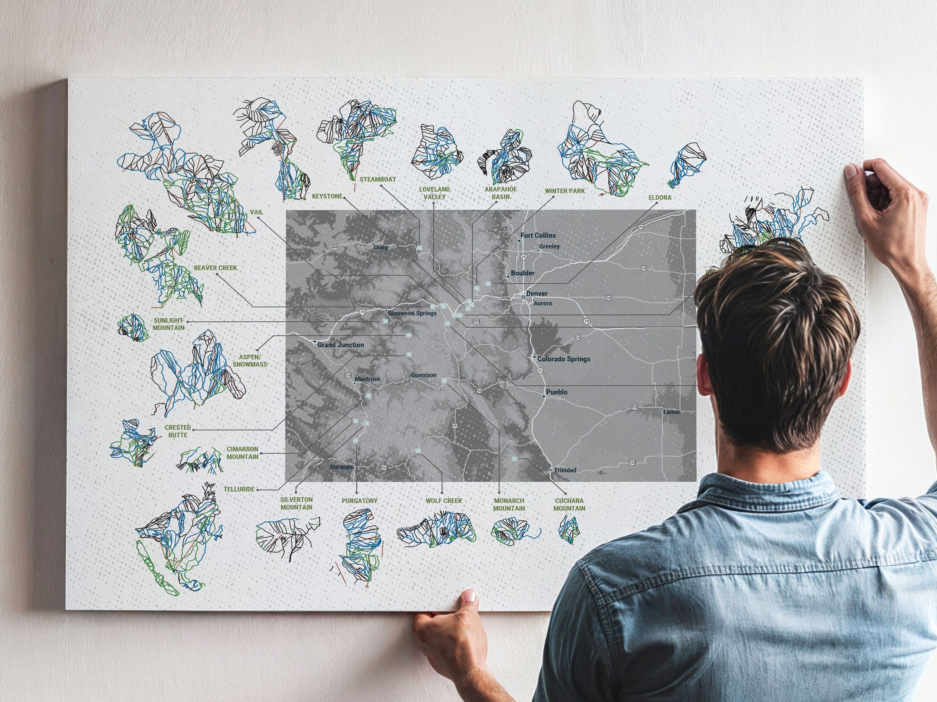 Colorado Ski Area Trails, Gift for Skier and Snowboarder, Colorado Map Map World Vibe Studio