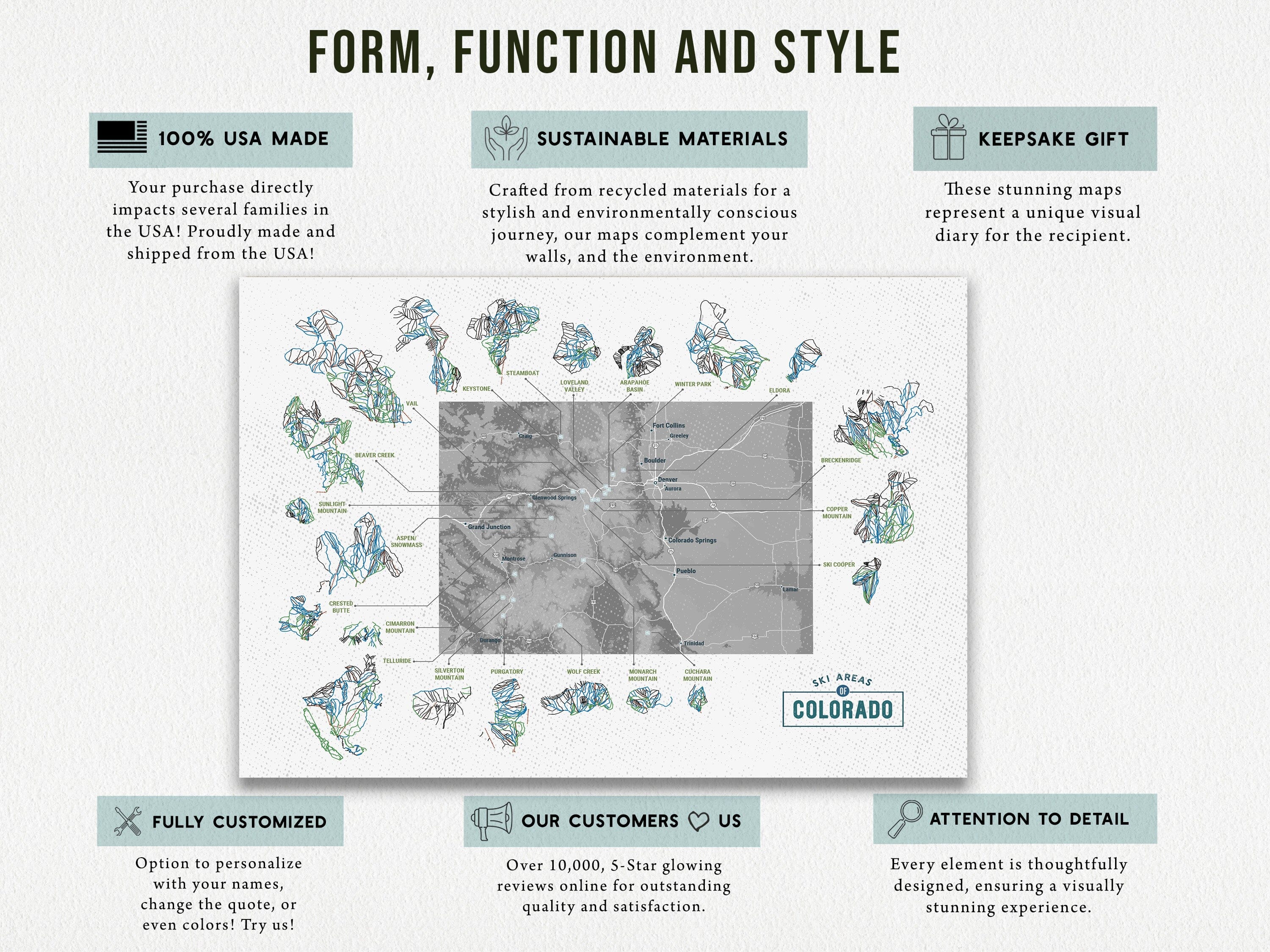 Colorado Ski Area Trails, Gift for Skier and Snowboarder, Colorado Map Map World Vibe Studio