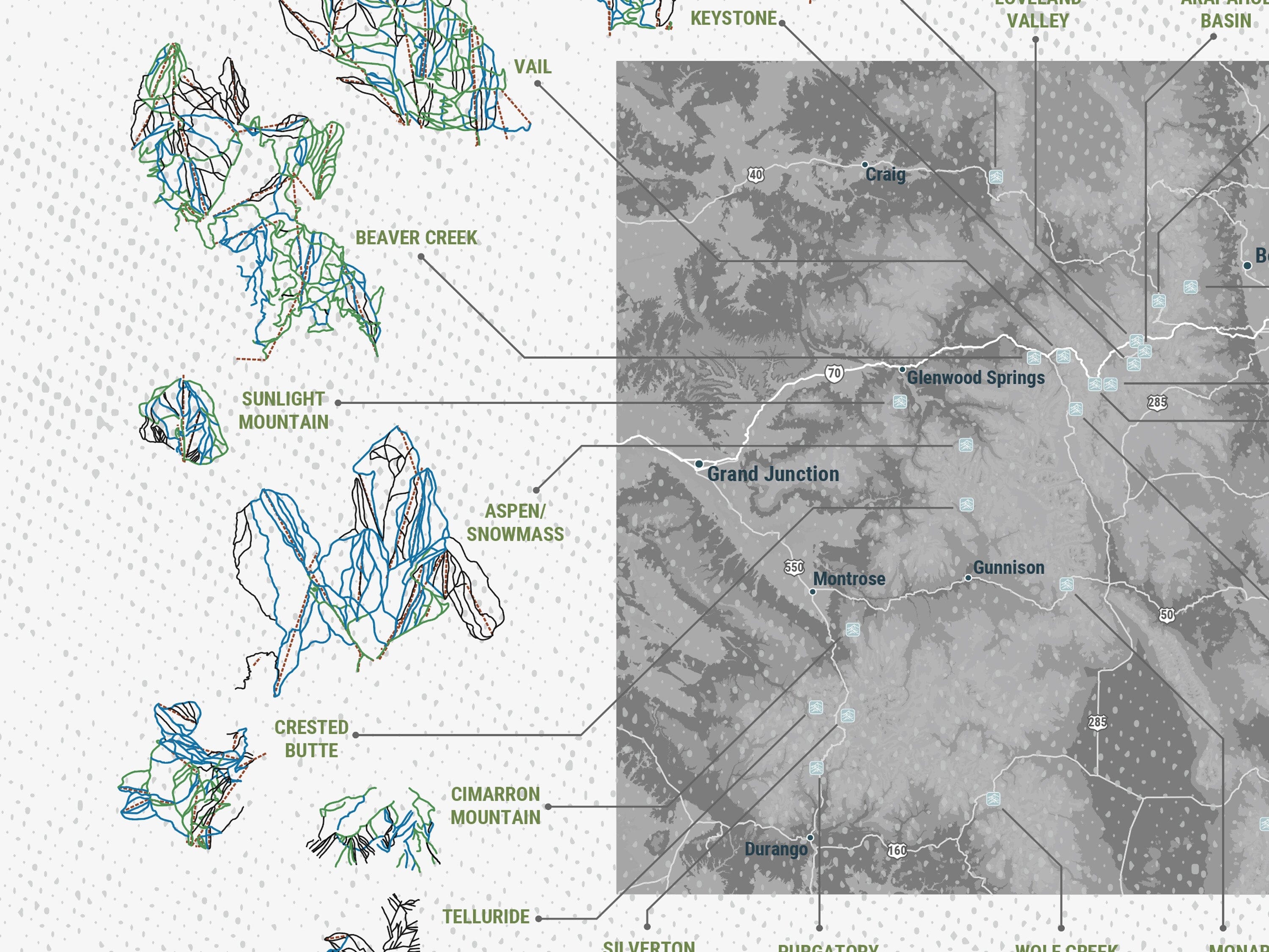 Colorado Ski Area Trails, Gift for Skier and Snowboarder, Colorado Map Map World Vibe Studio