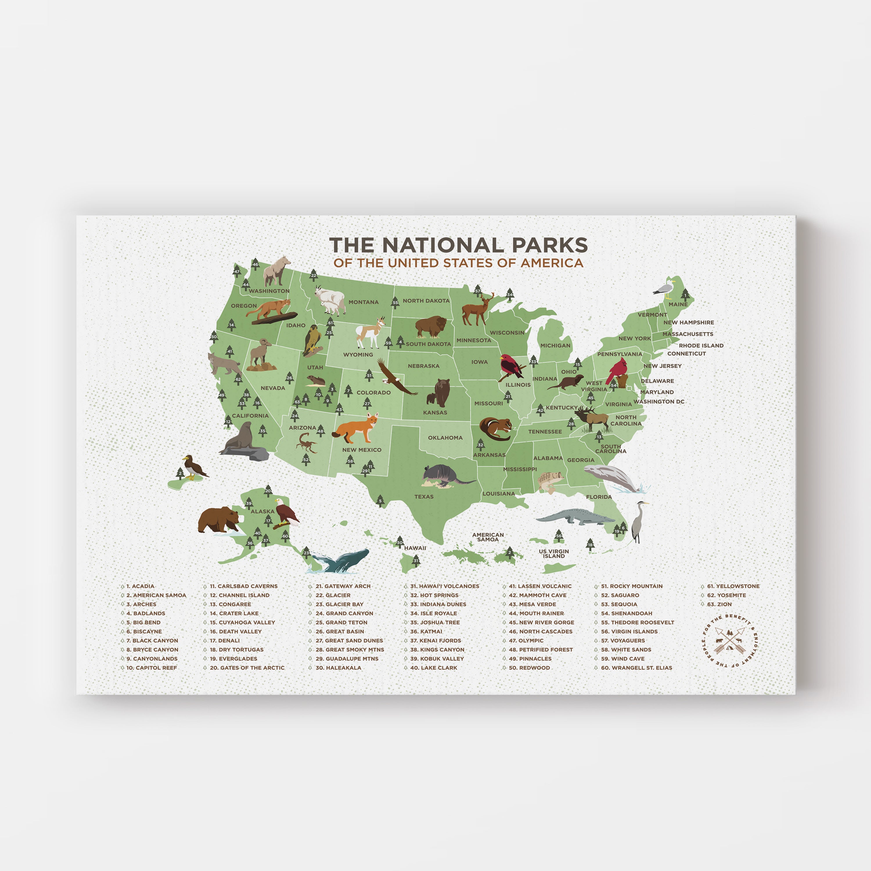 National Park Map, Wild Animals Poster of USA, 63 National Parks, Push Pin CANVAS Map World Vibe Studio