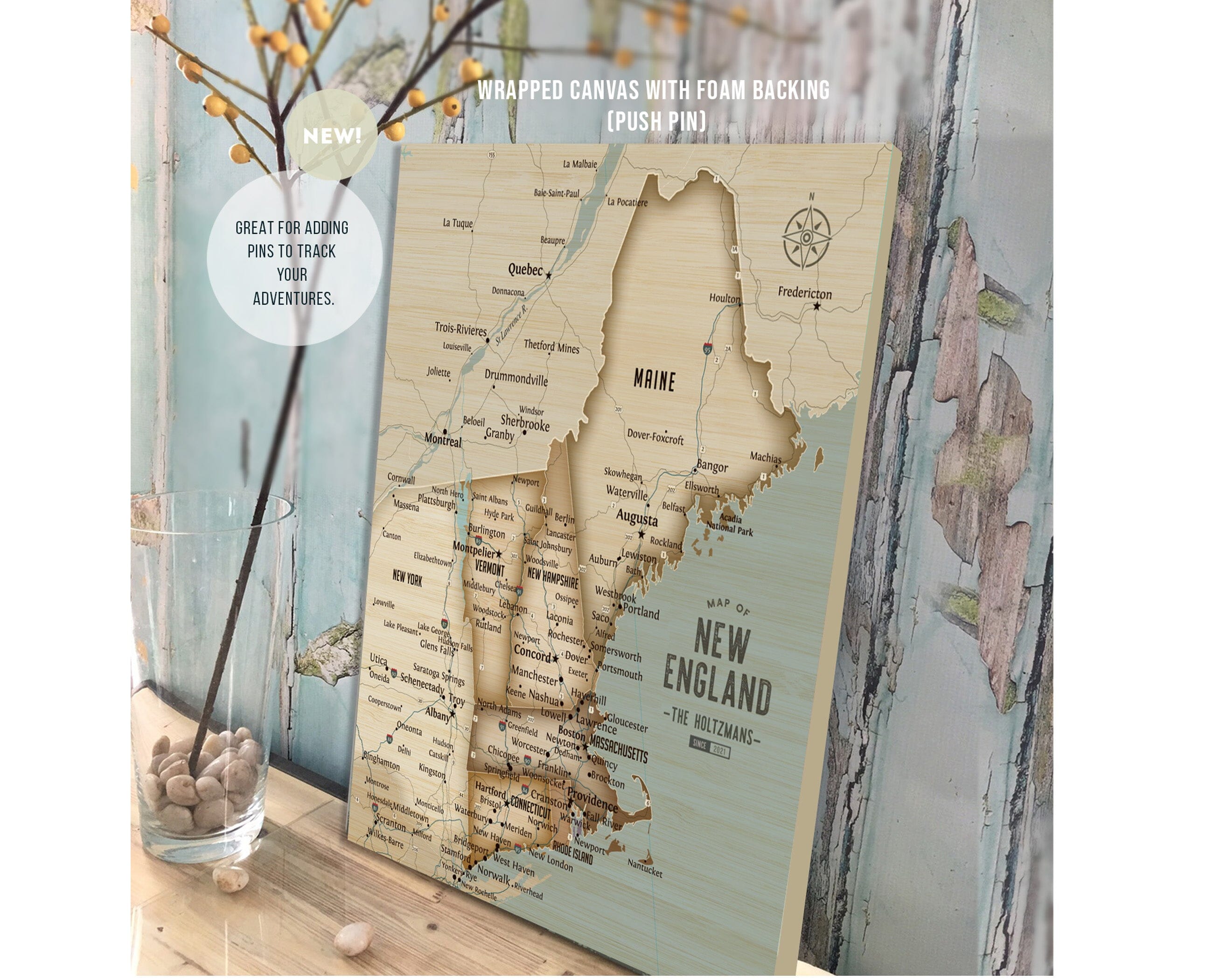 New England Canvas Pin Map, Push Pin Style, Vintage Style, Personalized Map World Vibe Studio