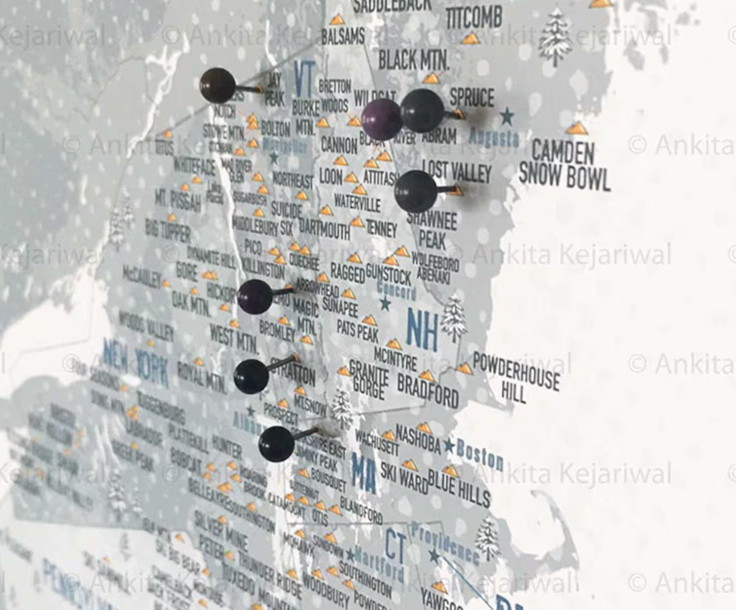 Northeast Ski Map of USA, PERSONALIZED CANVAS, Push Pin Wall Art