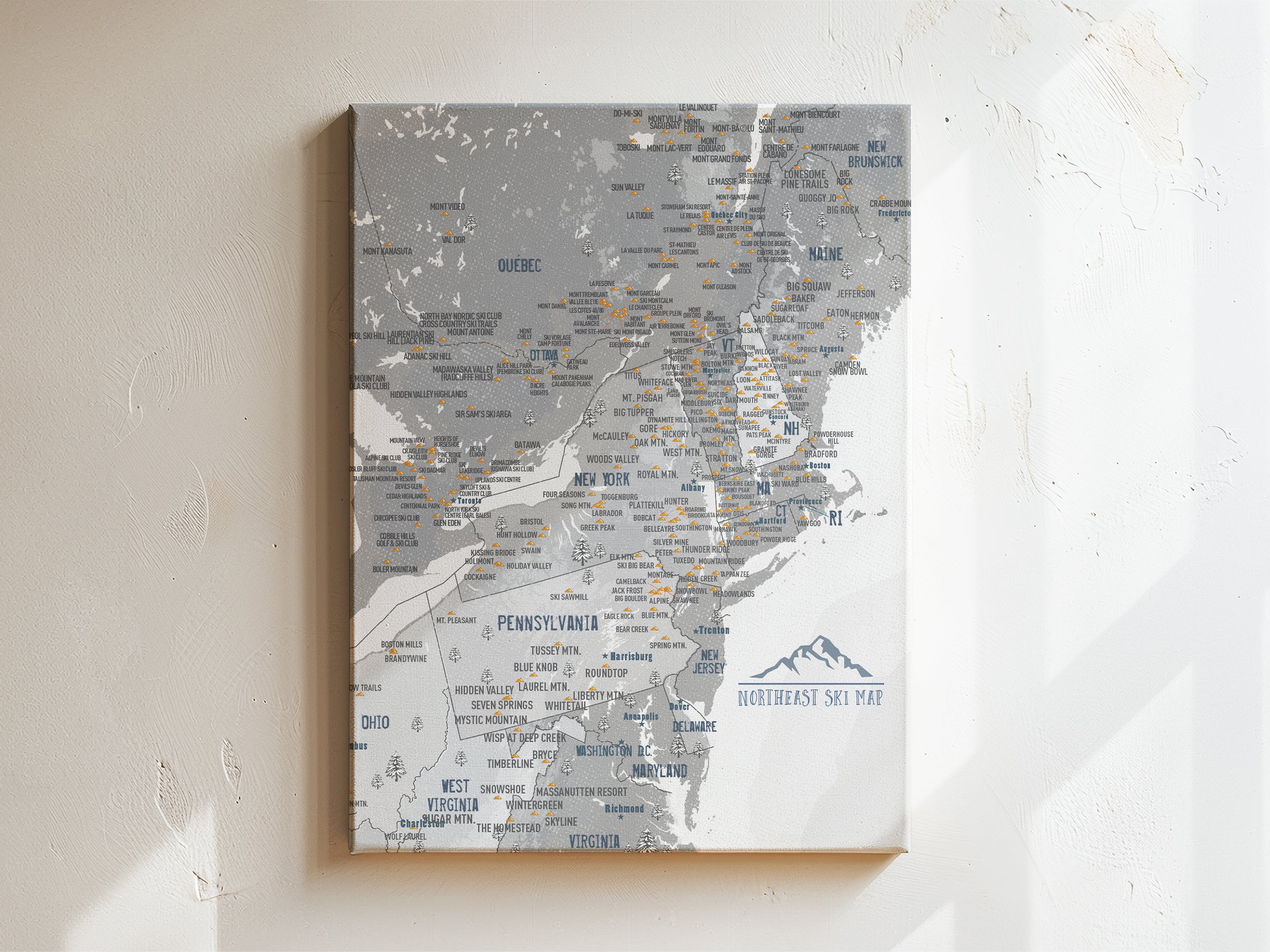 Northeast Ski Map of USA, PERSONALIZED CANVAS, Push Pin Wall Art