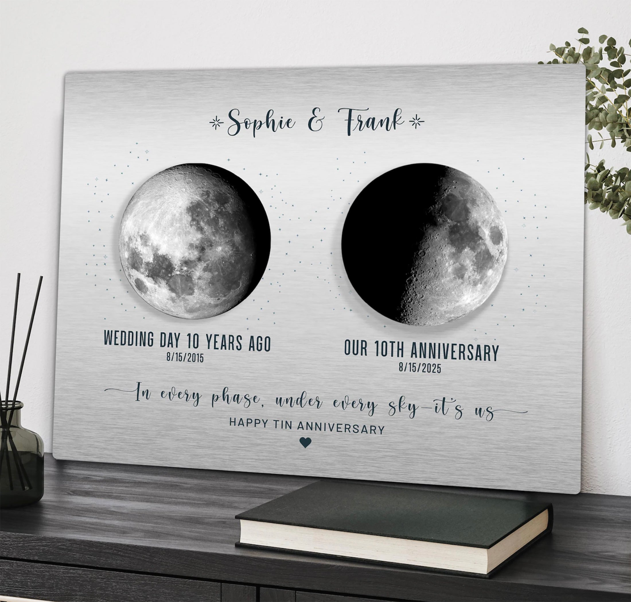 10th Anniversary Gift for Husband or Wife — Personalized Moon Phase Tin Metal Print