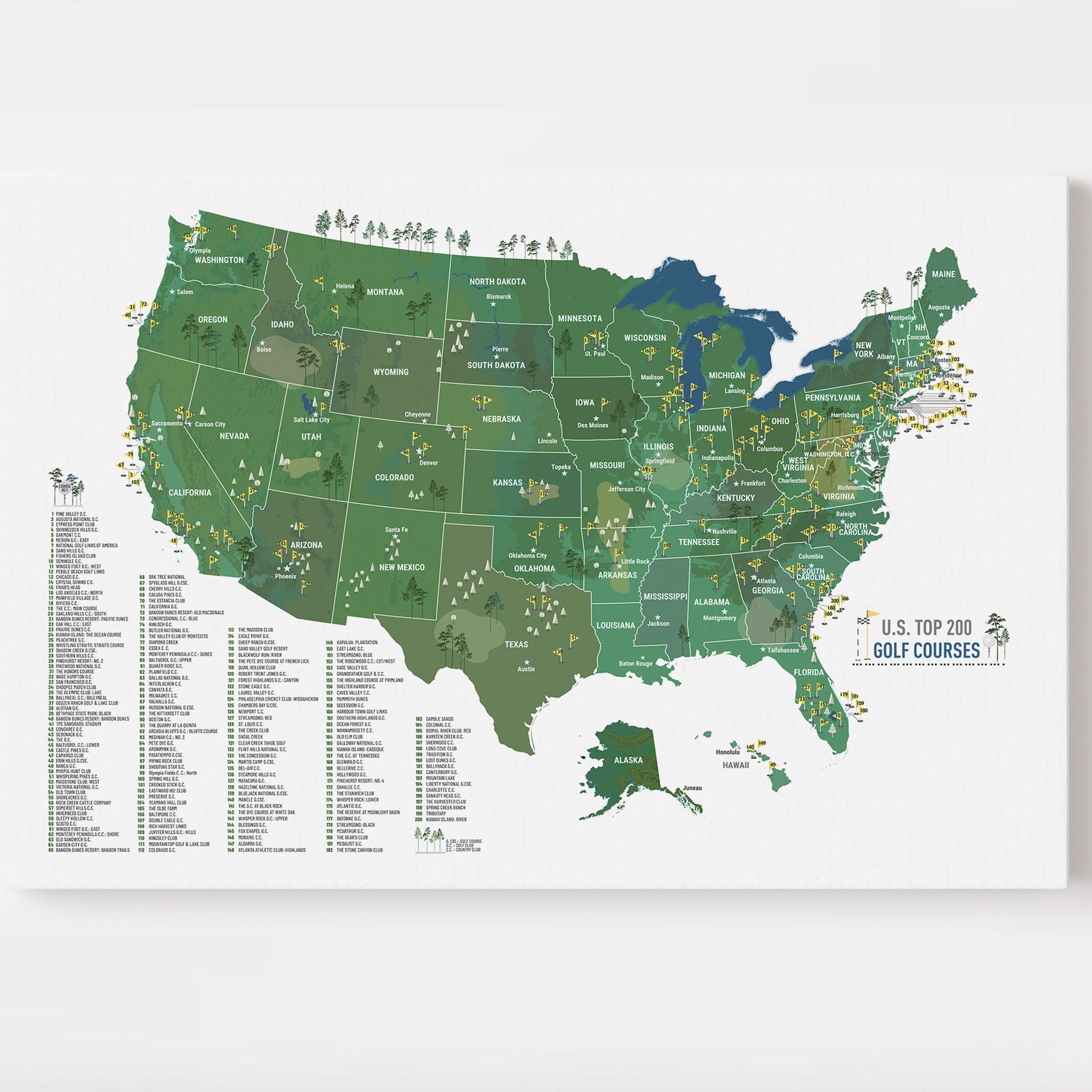 Golf Map of USA, Personalized, Push Pin Board, CANVAS, Top 200 COURSES Map