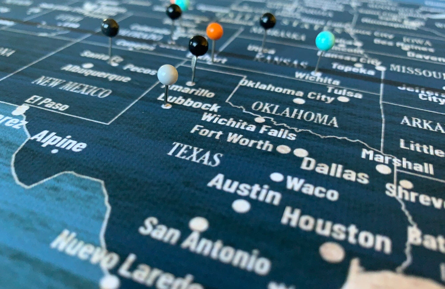 World Map Wall Art Canvas, Rustic Blue, With Push Pins Map World Vibe Studio