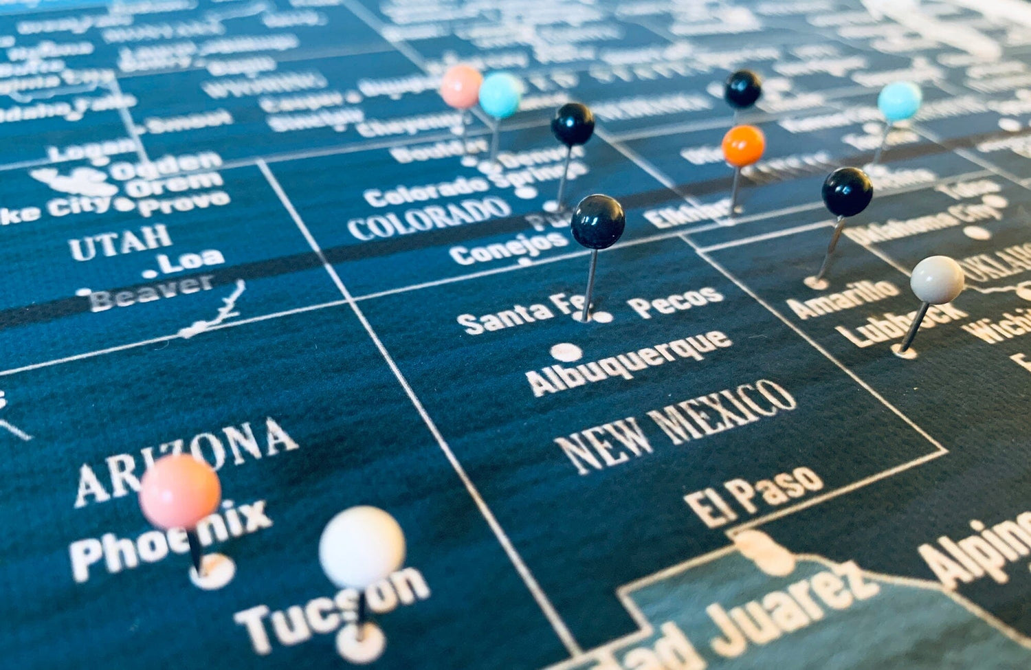 World Map Wall Art Canvas, Rustic Blue, With Push Pins Map World Vibe Studio