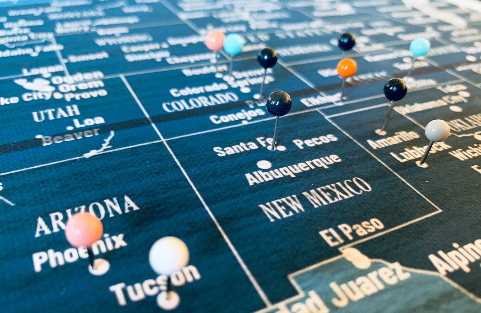 World Map Wall Art Canvas, Rustic Blue, With Push Pins Map World Vibe Studio