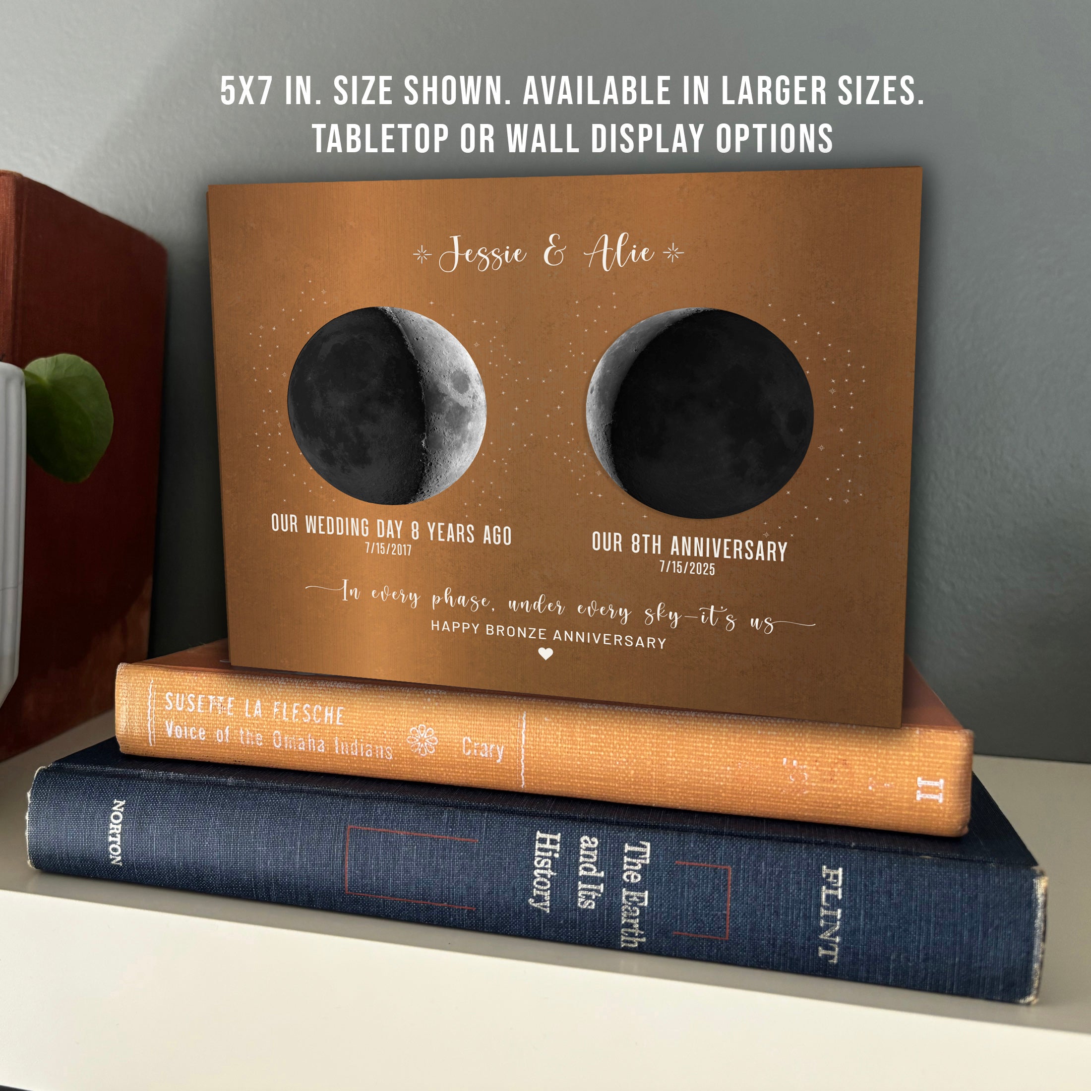 Personalized Bronze Anniversary Gift for Wife or Husband, 8th Wedding, Moon Phase Metal Print