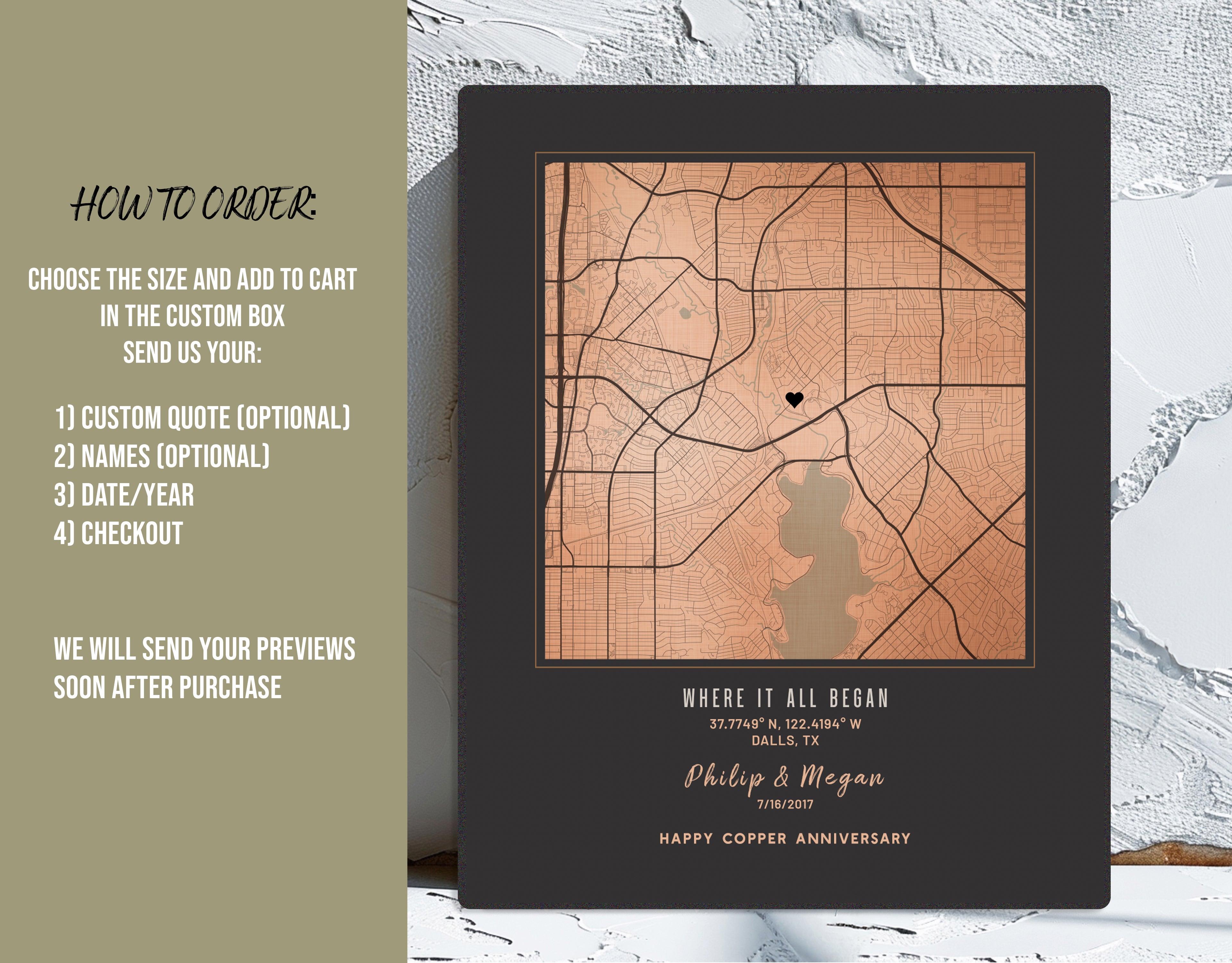 7th Anniversary Gift for Him or Her — Personalized Copper City Map on Metal, Custom "Where We Met" Map
