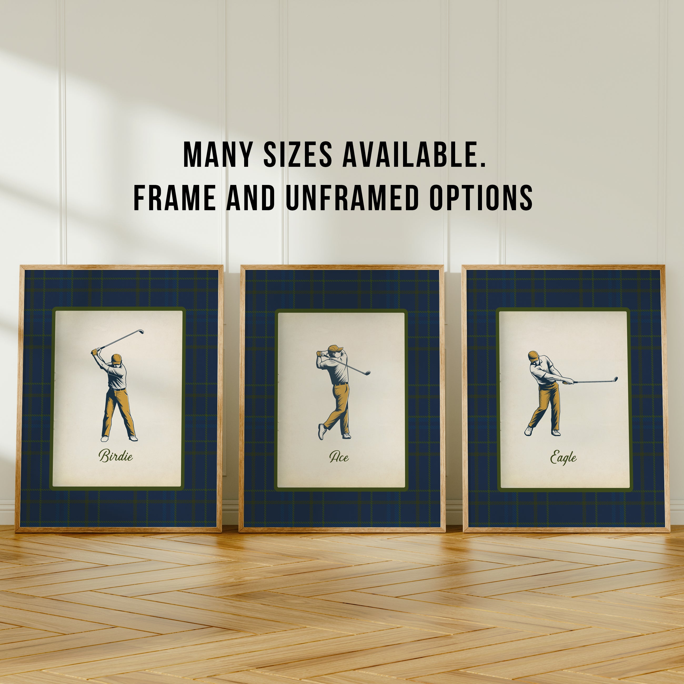 Three framed prints of a golfer in different poses on a wooden floor with text about frame options.