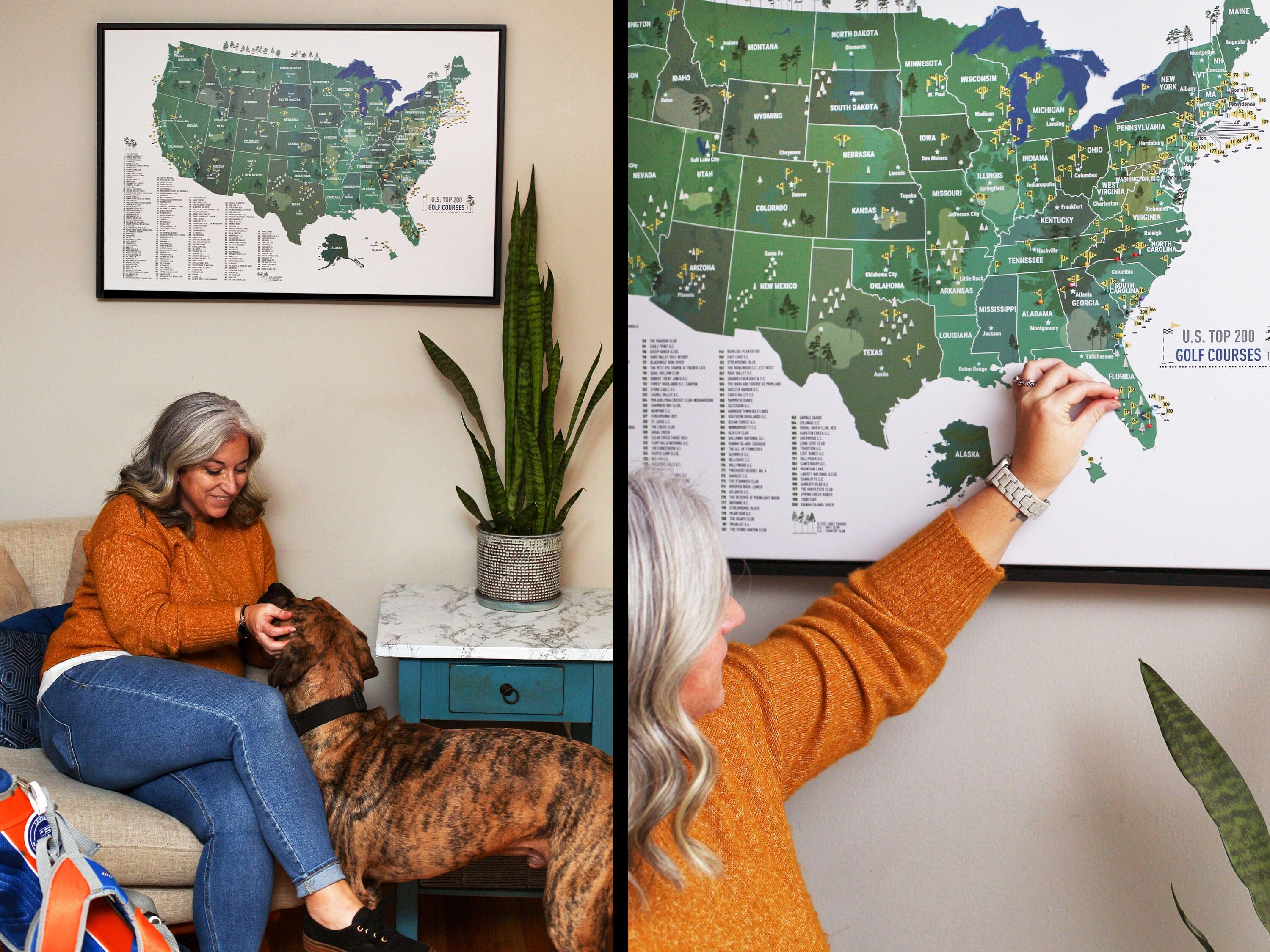 Golf Gifts for Men, Top 200 COURSE Map of USA, BLACK FRAMED CANVAS, Push Pin Board Map OrderDesk