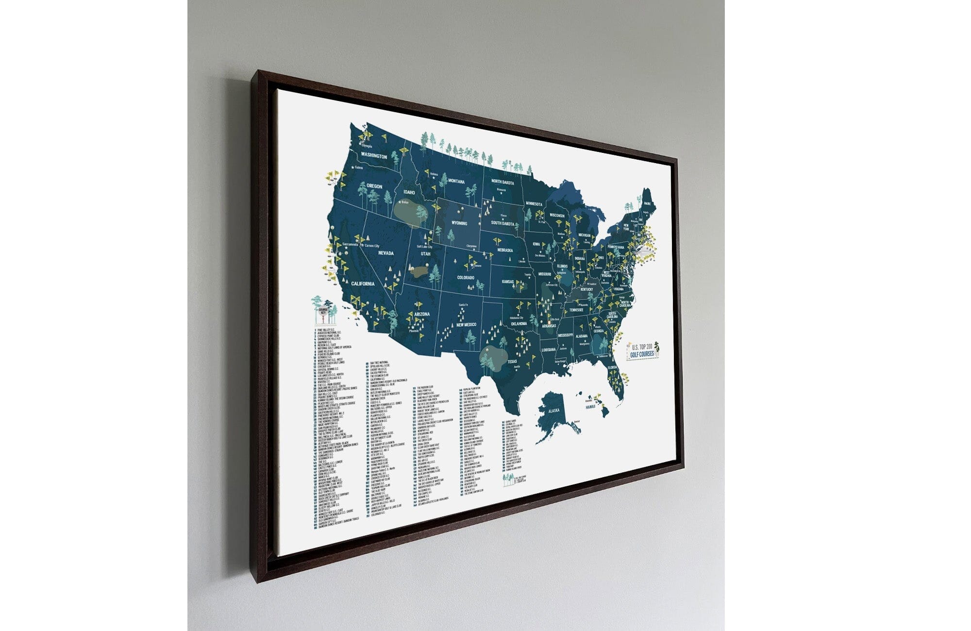 Golf Map of USA, BLACK FRAMED CANVAS, Push Pin Board, Top 200 COURSES Map OrderDesk 18X24 Navy