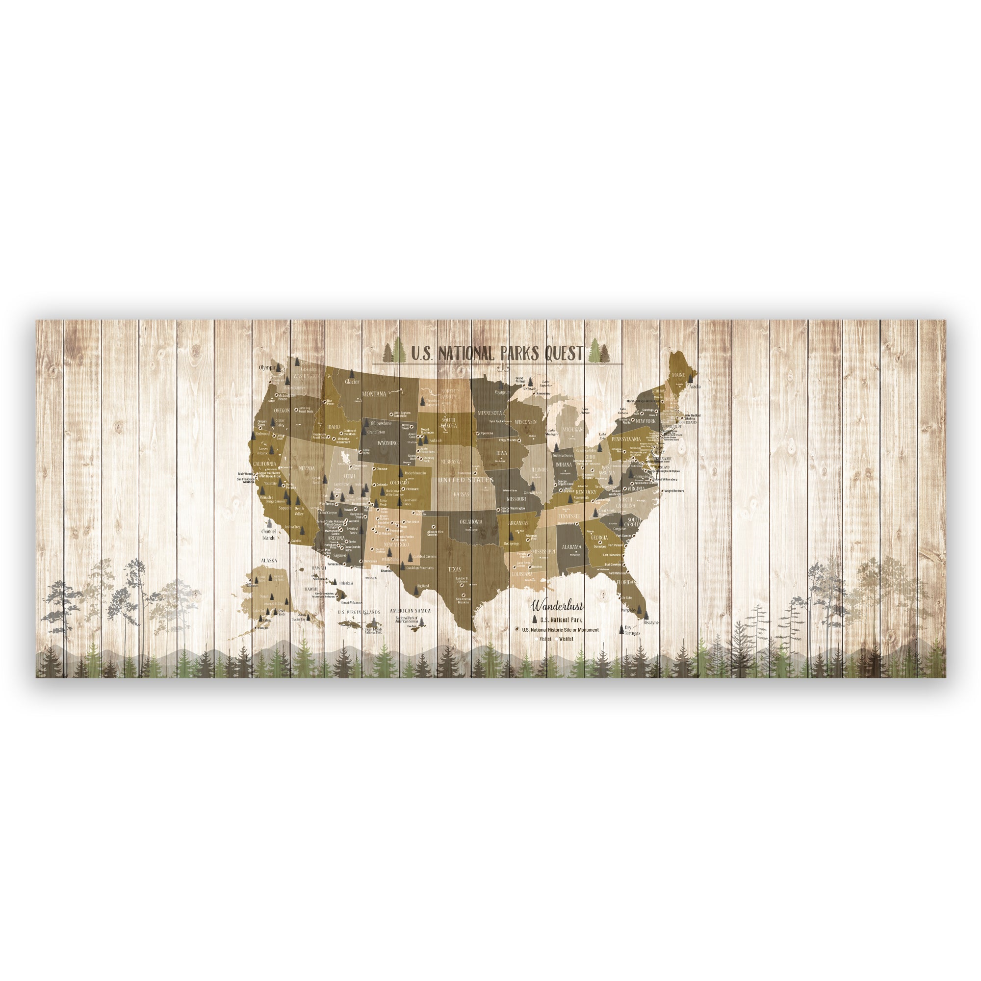 National Parks Memory Board, Canvas Map Push Pin Style, Tan Map World Vibe Studio