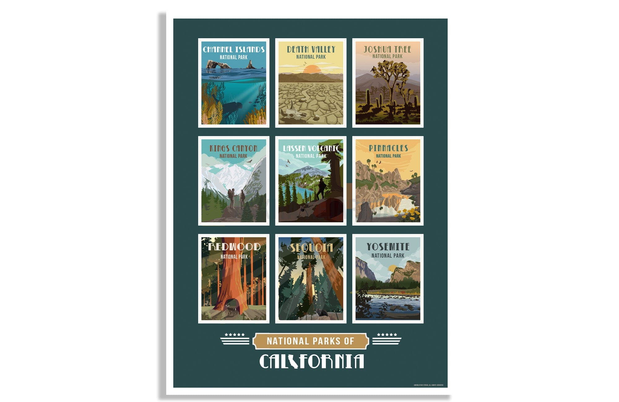 California National Park Poster, All-In-One, National Park Wall Art, Unframed Map World Vibe Studio 12X16 Teal