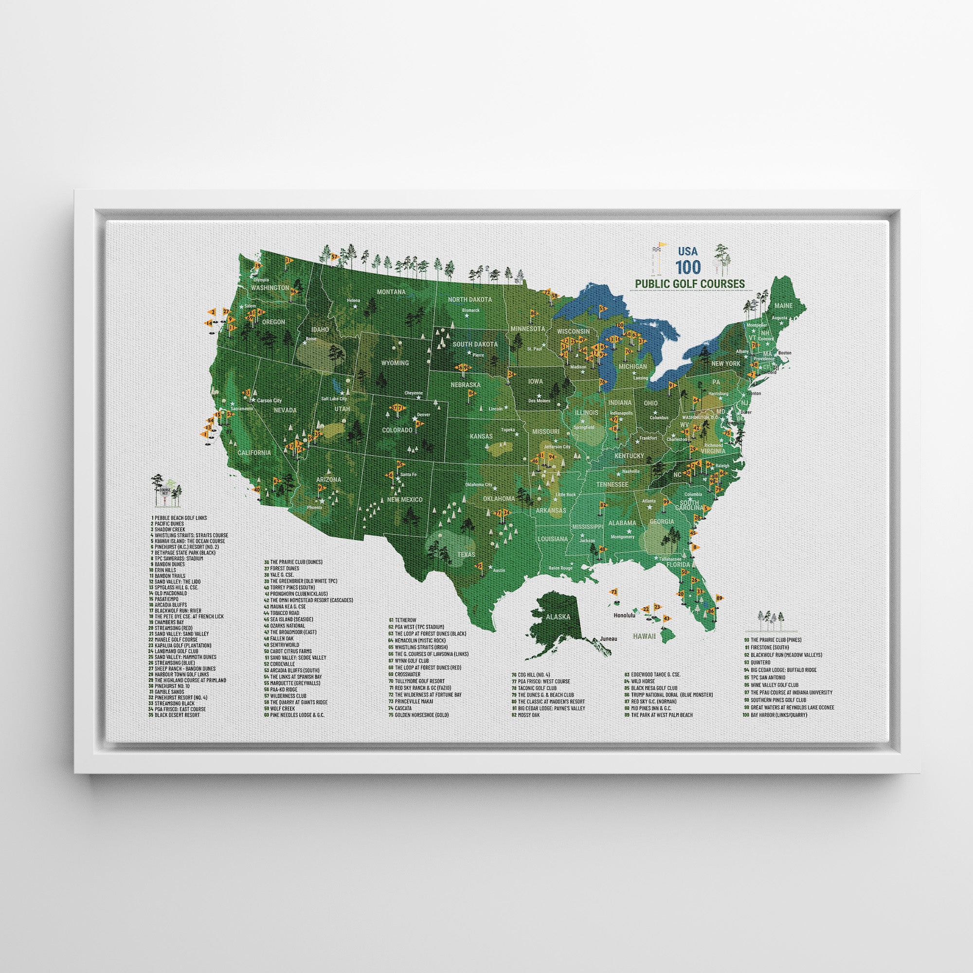 Personalized Top 100 Public Golf Course Map USA | Push Pin Canvas