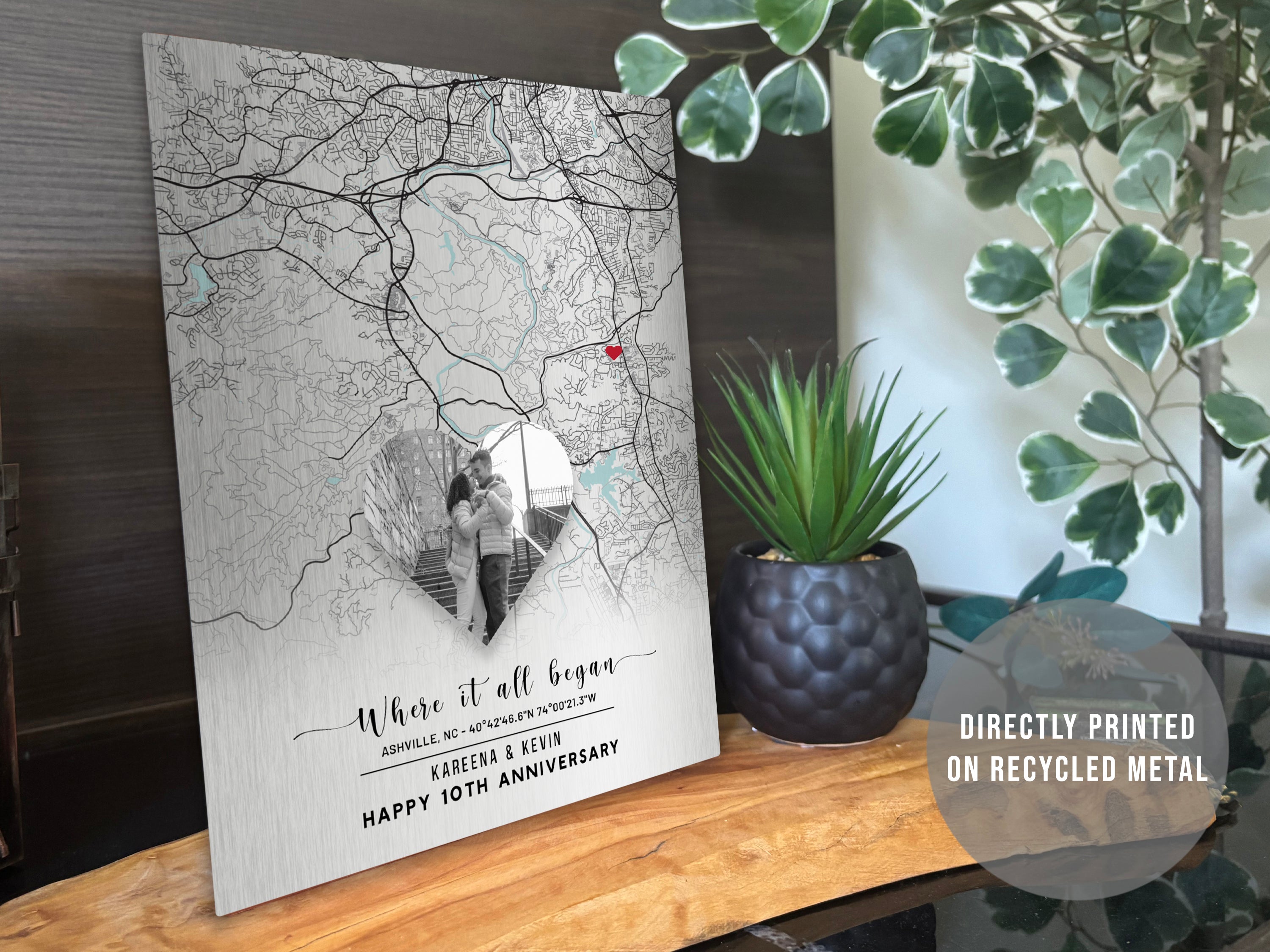10 Year Anniversary Gift for Him — Personalized Tin City Map on Metal, Custom Where We Met Print