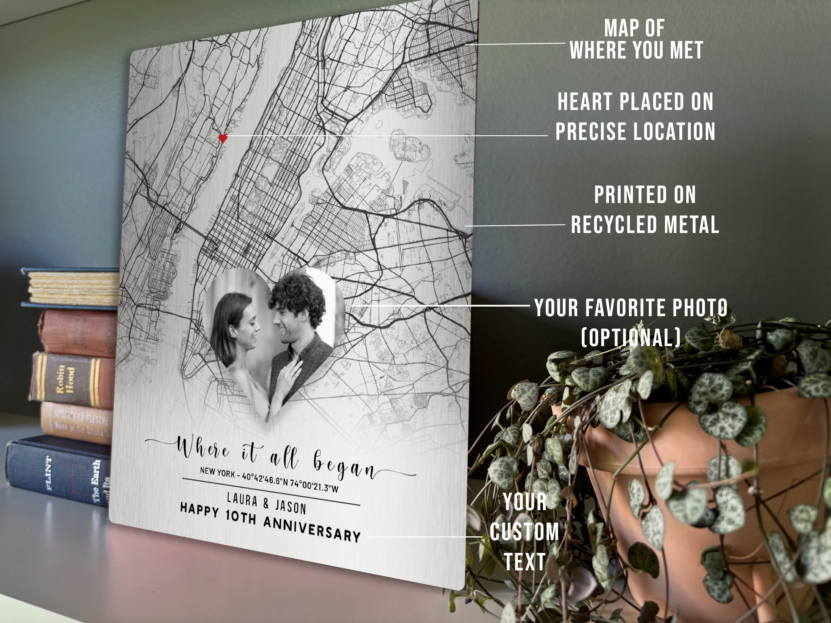 10 Year Anniversary Gift for Him — Personalized Tin City Map on Metal, Custom Where We Met Print