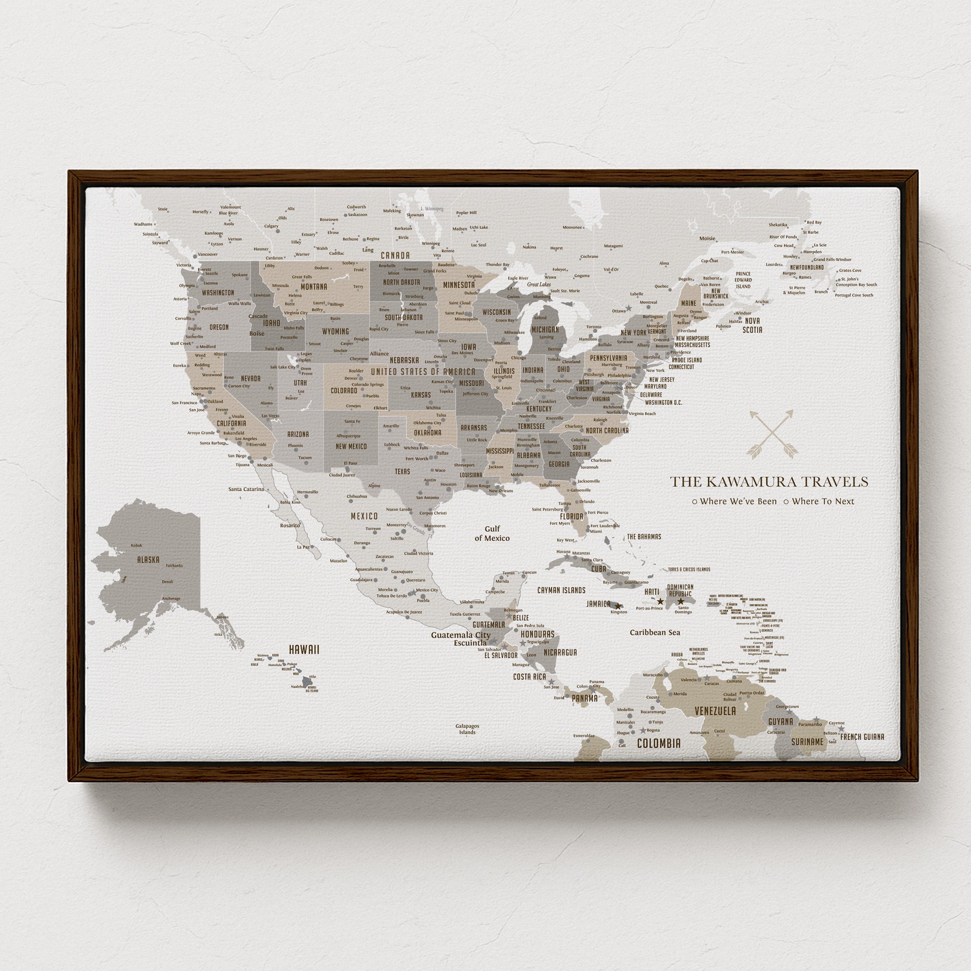 North America Map with Caribbean Islands, Push Pin Map, Framed Map World Vibe Studio