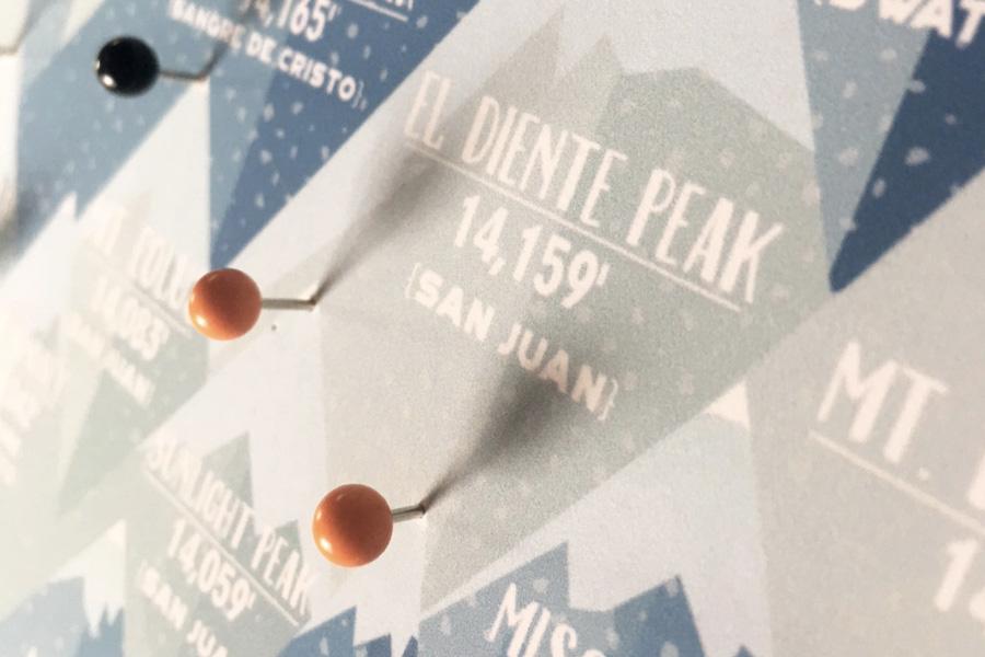 Colorado 14ers Wall Art, Mounted on foam, Includes Pins Map World Vibe Studio