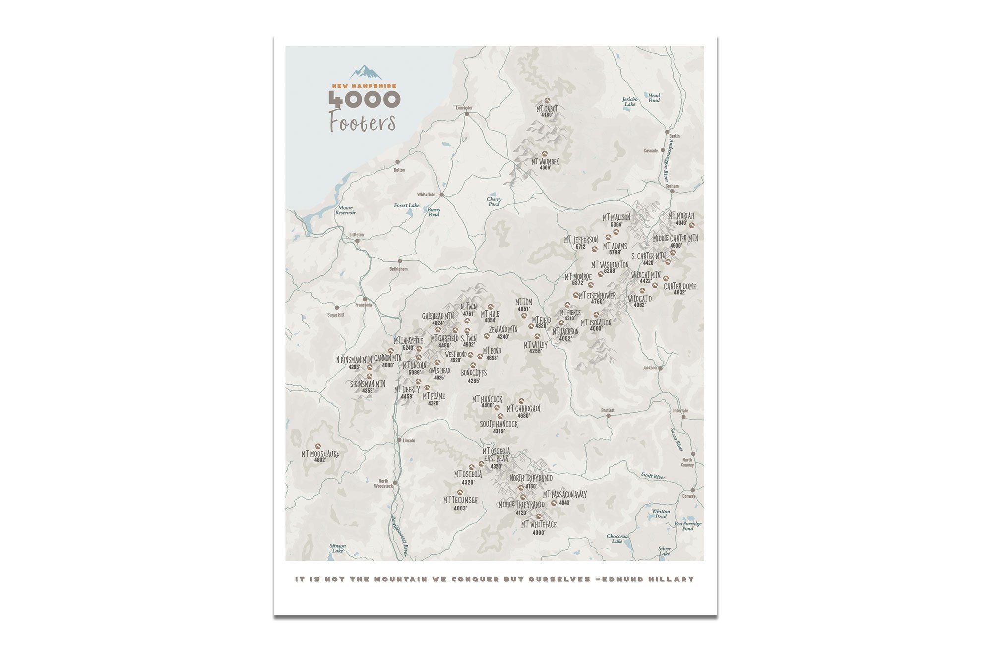New Hampshire Map, 4000 Footer 48 peaks, Canvas Roll Map World Vibe Studio 12X16 ski-blue
