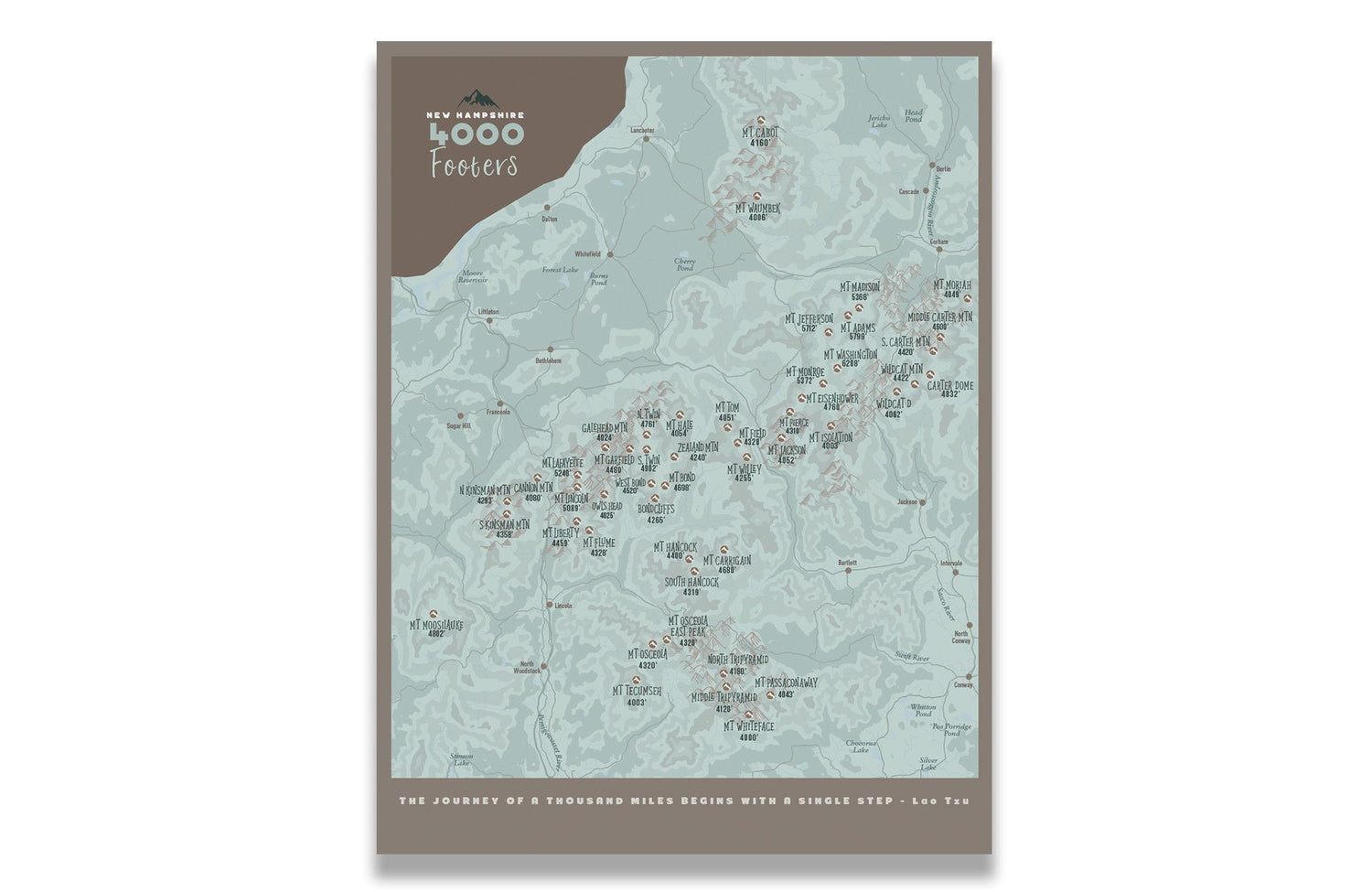 New Hampshire Map, 4000 Footer 48 peaks, Canvas Roll Map World Vibe Studio 18X24 ski-brown