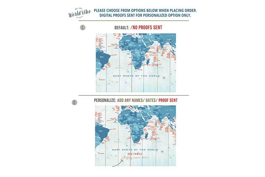 Framed push pin map, Surfing Spots Map World Vibe Studio