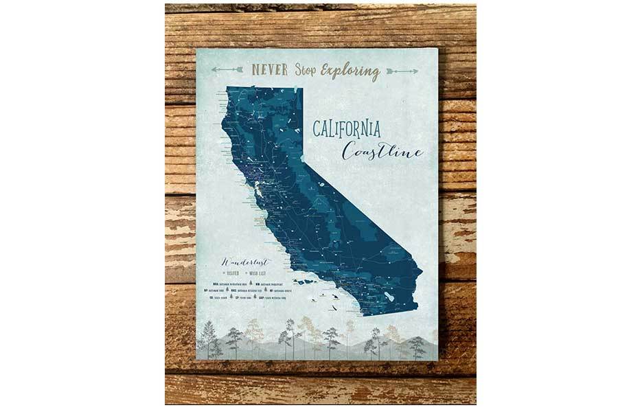 California Coast Line Map, Wall Art Map World Vibe Studio