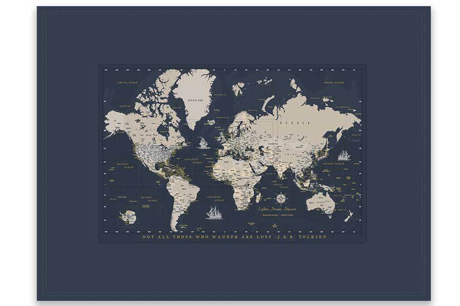 World Map on Canvas, Photo Board, Large, Pins included, 48 W X36 H Map World Vibe Studio
