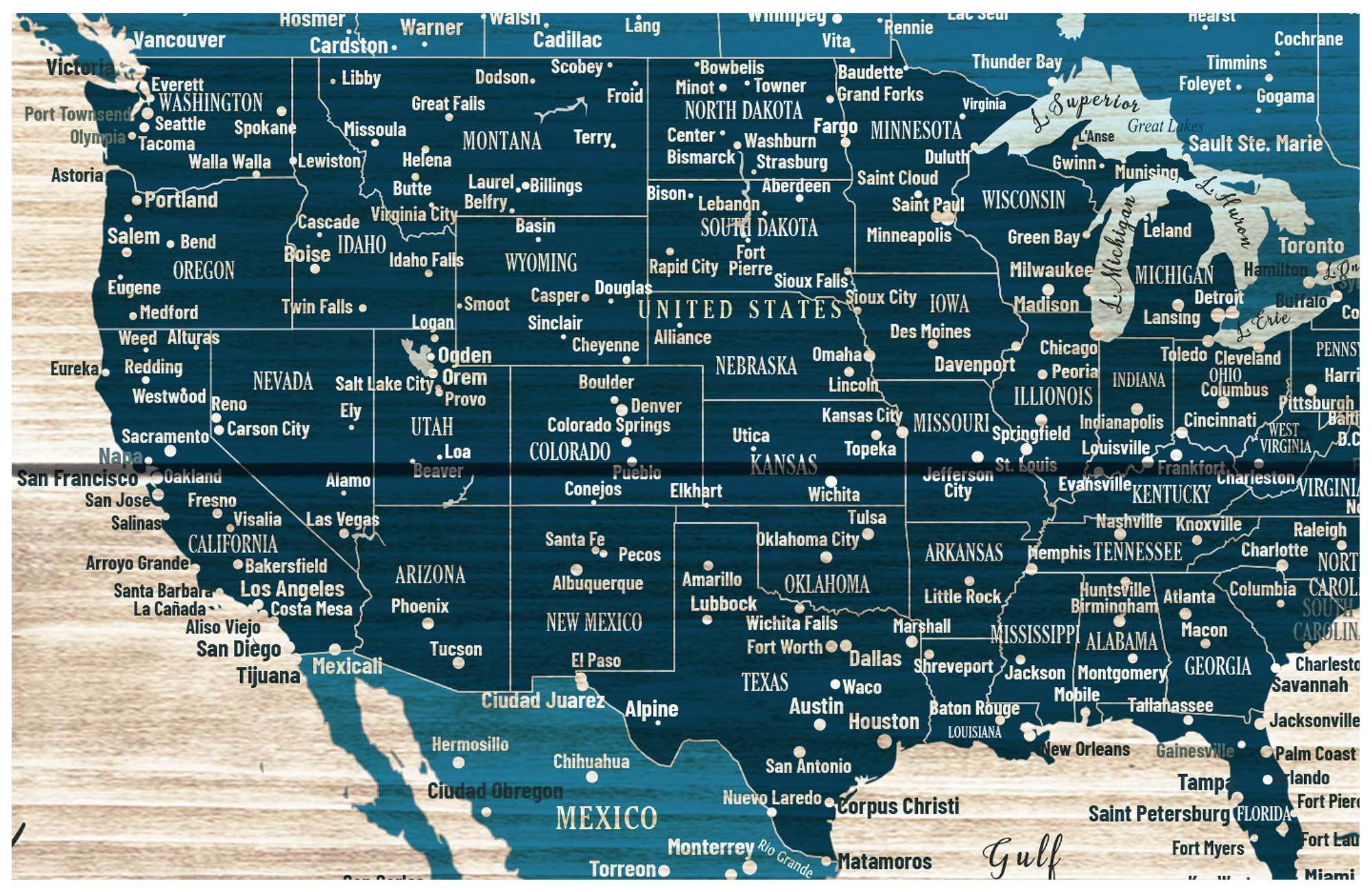 World Map Wall Art Canvas, Rustic Blue, Push Pin Map Map World Vibe Studio