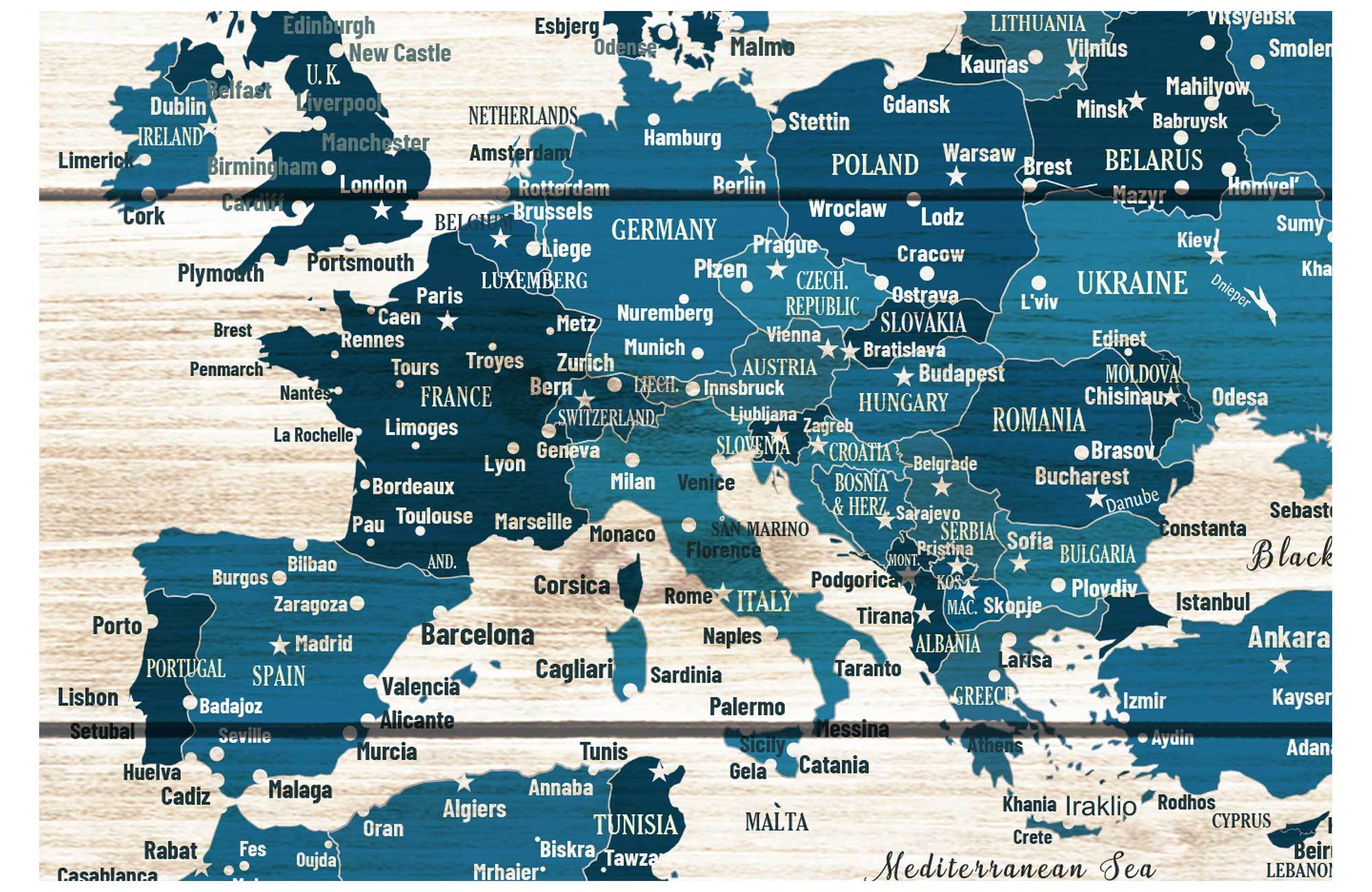 World Map Wall Art Canvas, Rustic Blue, Push Pin Map Map World Vibe Studio