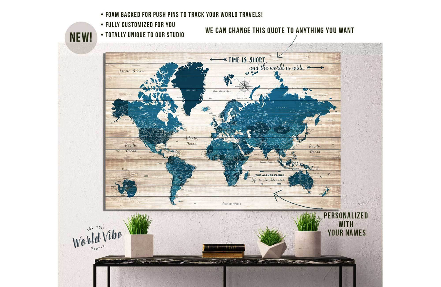 World Map Wall Art Canvas, Rustic Blue, Push Pin Map Map World Vibe Studio