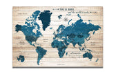 World Map Wall Art Canvas, Rustic Blue, Push Pin Map Map World Vibe Studio