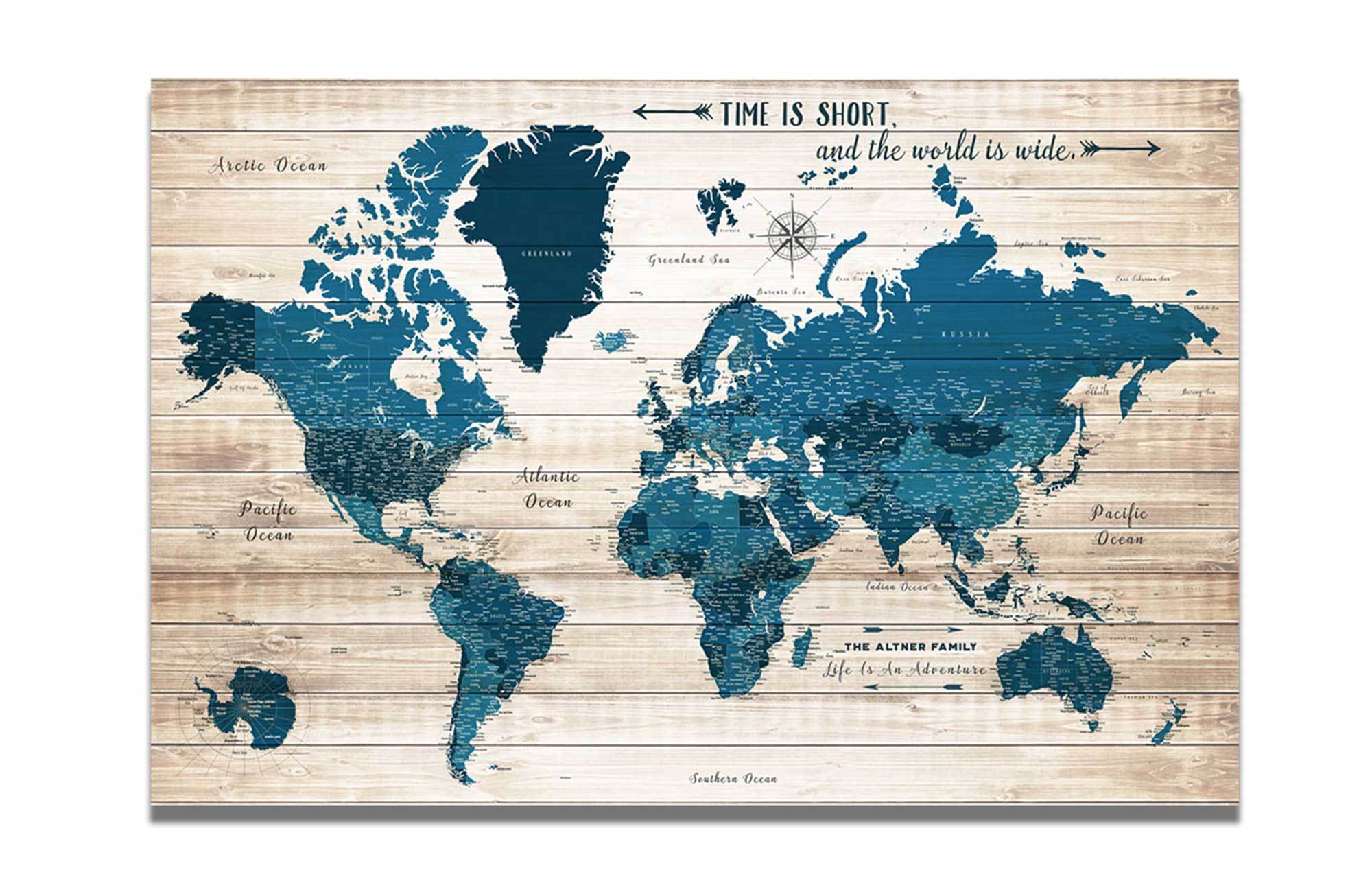 World Map Wall Art Canvas, Rustic Blue, Push Pin Map Map World Vibe Studio