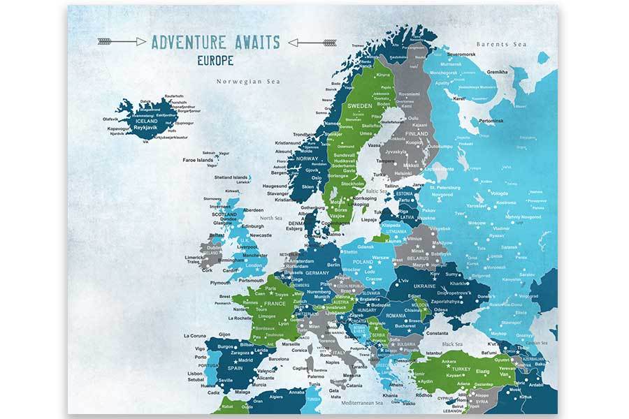 Framed Map of Europe, Green and Teal Map World Vibe Studio