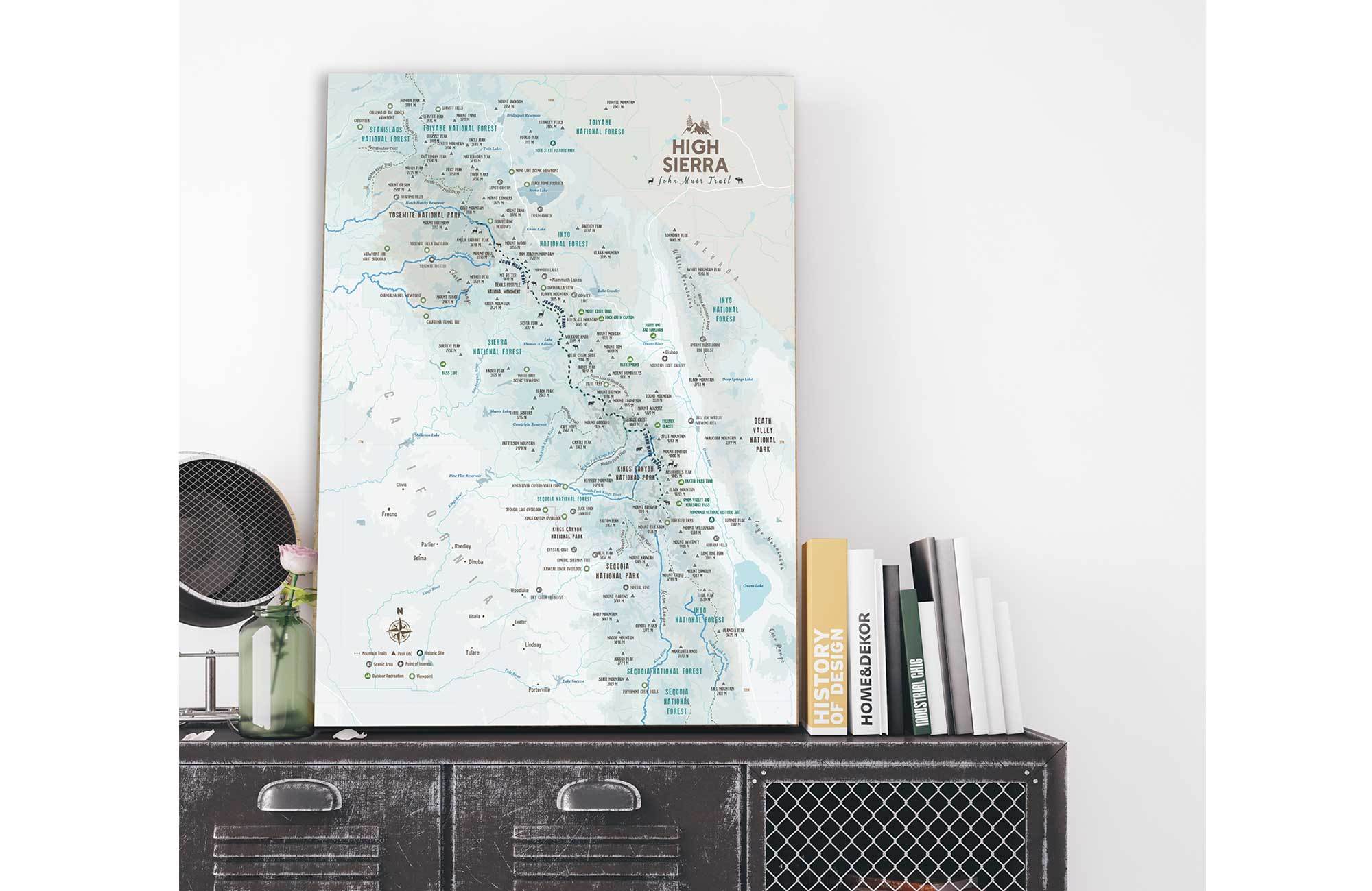 High Sierra TRAIL MAP, CANVAS WITH PUSH PINS Map World Vibe Studio