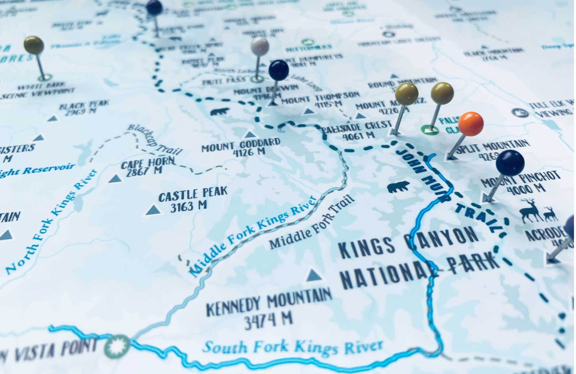 High Sierra TRAIL MAP, CANVAS WITH PUSH PINS Map World Vibe Studio