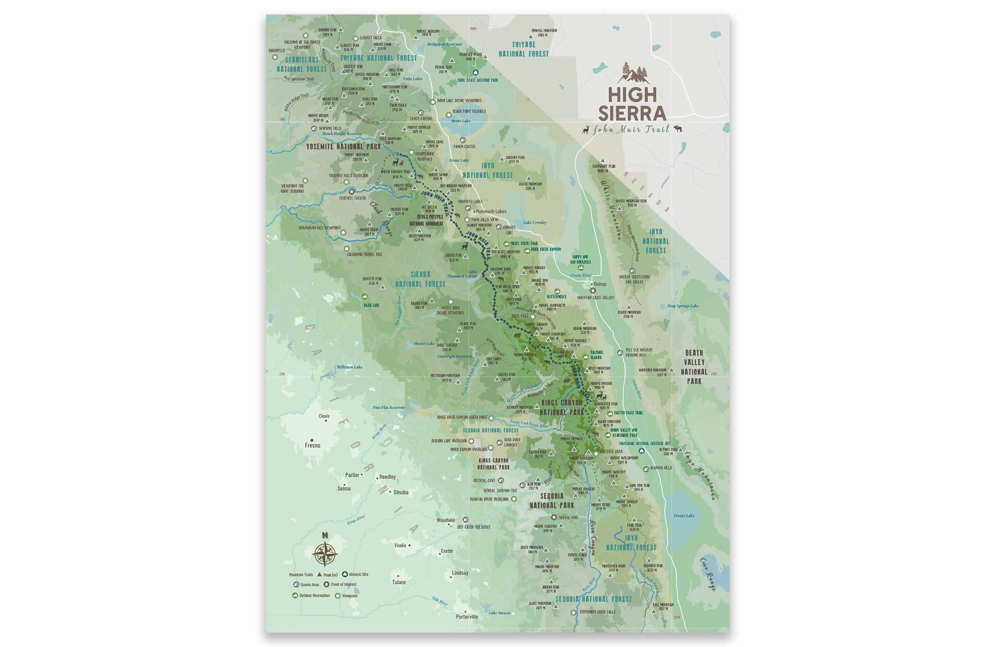 High Sierra TRAIL MAP, CANVAS WITH PUSH PINS Map World Vibe Studio 12X16 green
