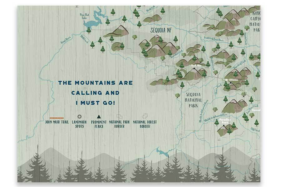 JOHN MUIR TRAIL MAP, CANVAS WITH PUSH PINS Map World Vibe Studio