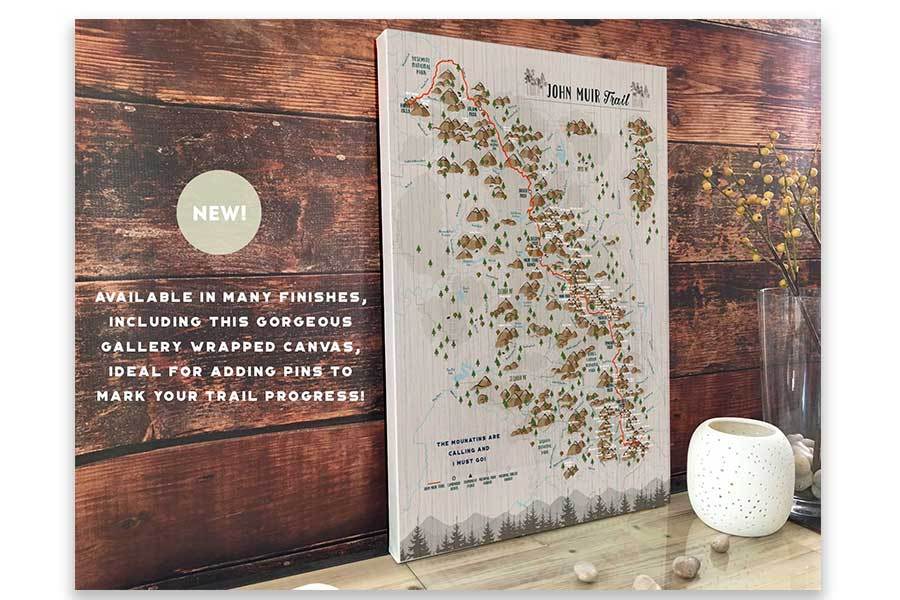 JOHN MUIR TRAIL MAP, CANVAS WITH PUSH PINS Map World Vibe Studio