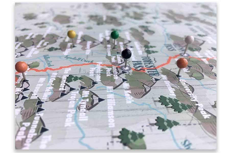 JOHN MUIR TRAIL MAP, CANVAS WITH PUSH PINS Map World Vibe Studio