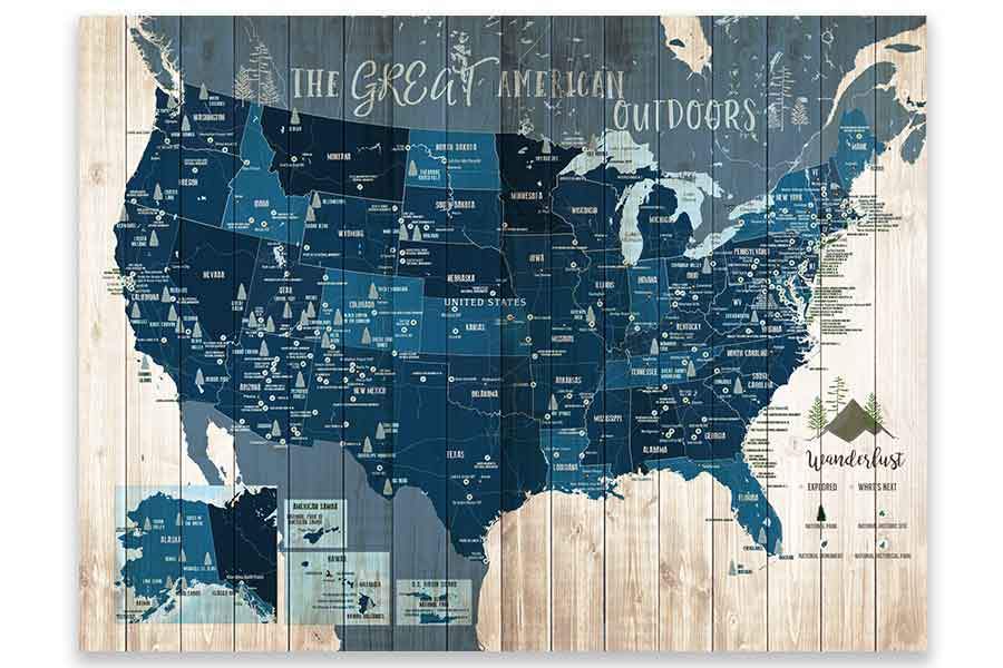Forest System Map and US National Parks, Push Pin Canvas Board Map World Vibe Studio 18X24 Navy