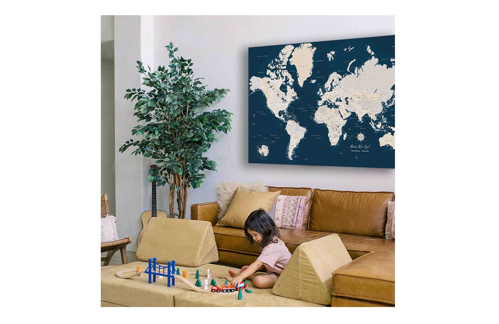 World Map Canvas, Navy, Push Pin Map Map World Vibe Studio