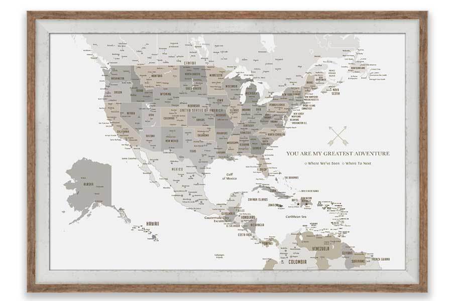 North America Map with Caribbean Islands, Push Pin Map, Framed Map World Vibe Studio