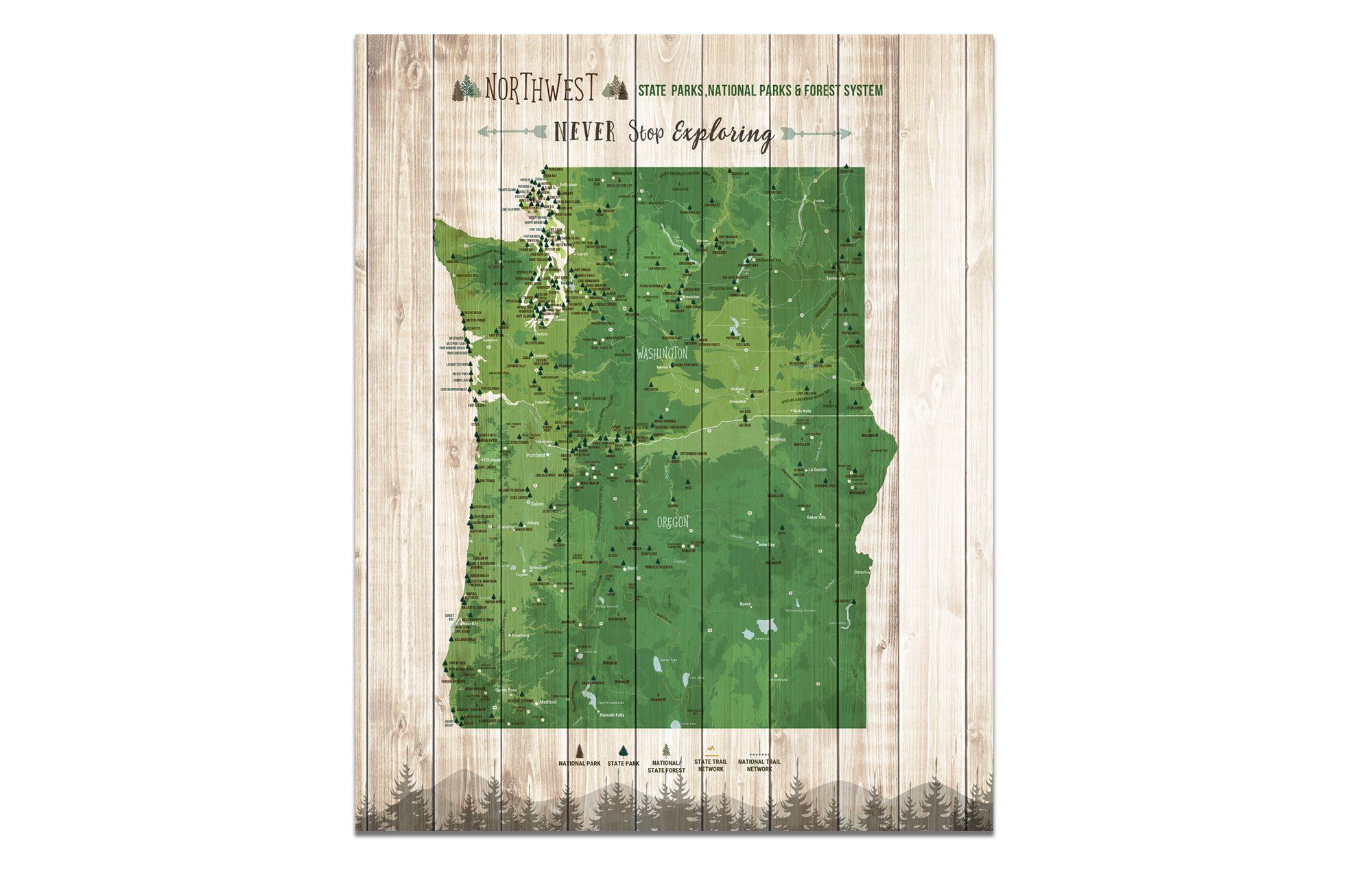 Northwest State Park Map, Washington and Oregon Poster Map World Vibe Studio 16X20 Green