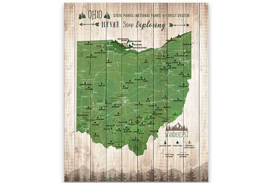 Ohio State Parks Map, Canvas, Push Pin Map World Vibe Studio 12X16 Green