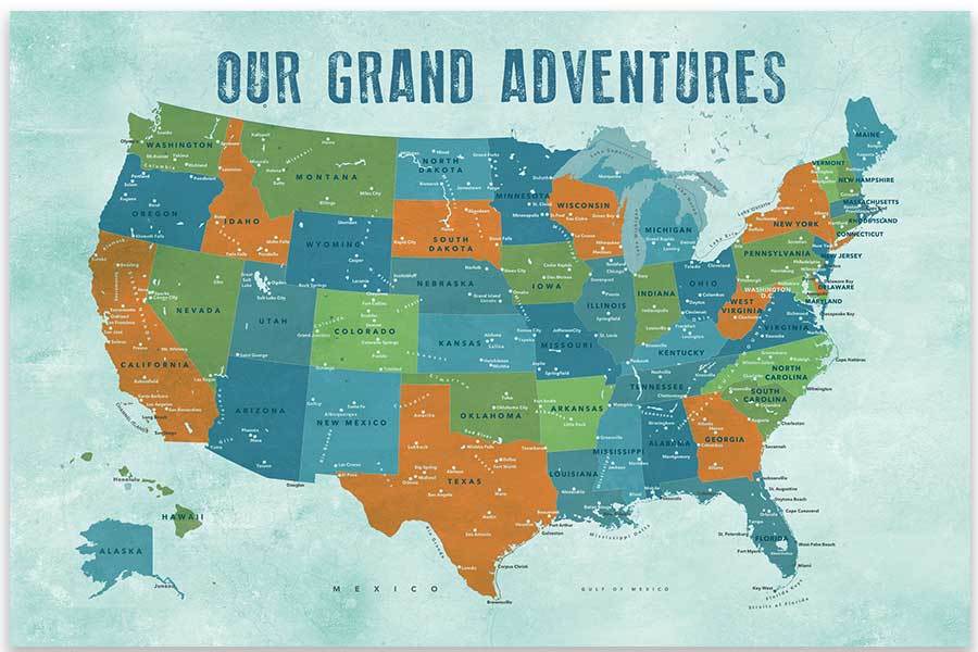 Map of USA, Poster, Orange and teals, Wall Decor Map World Vibe Studio