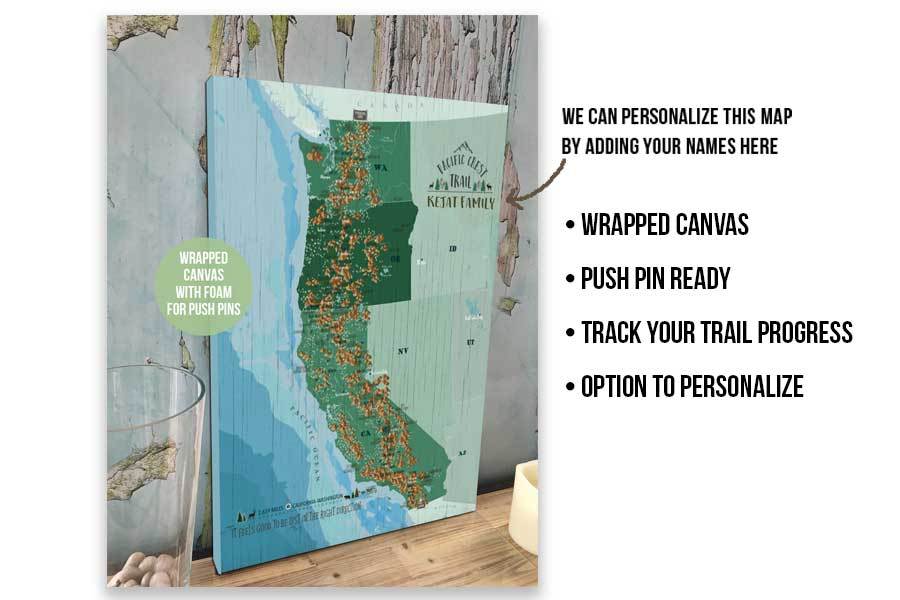 Pacific Crest Trail Map, Canvas Push Pin Board, Track Your Hike Map World Vibe Studio